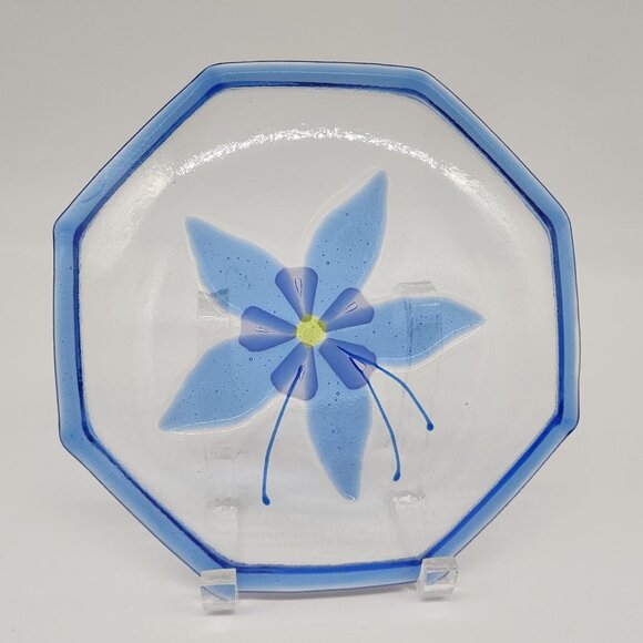 Fused Glass Plates Blue Flowers & Rim Octagon Shaped 8" Diameter Set of 4 VTG - Picture 2 of 10
